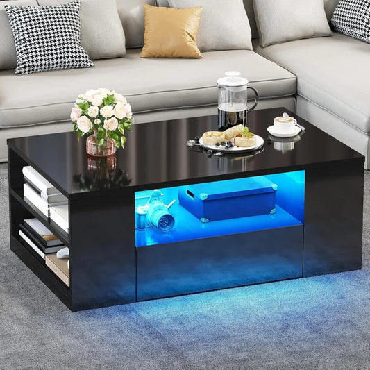 Contemporary LED Coffee Table with High Gloss Finish, Storage Drawers and Open Shelves for Living Room in Black Medium Size