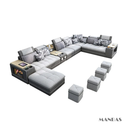 MANBAS Modern U-Shaped Fabric Sectional Sofa Set with Storage, Cup Holders, Speaker, USB, Bookshelf and Stools for Living Room