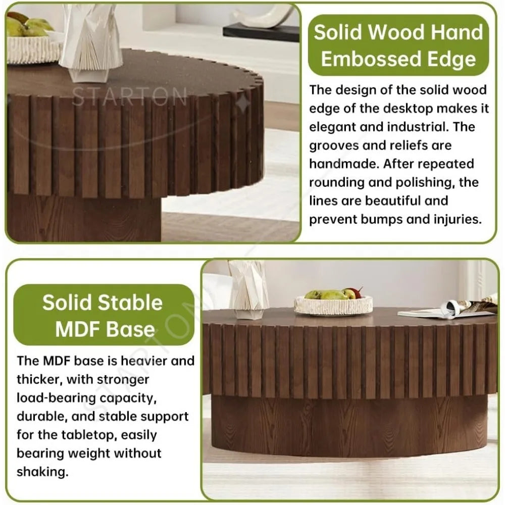 Oval Coffee Table, Brown Drum Fluted, Mid Century Modern, Irregular Pedestal Center, For Living Room Farmhouse