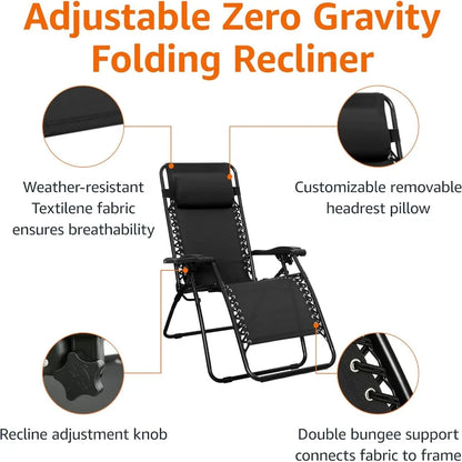 Basics Outdoor Patio Zero Gravity Lounge Chair with Pillow, Folding Reclining and Textilene Adjustable, Folding Lounge 26" Black