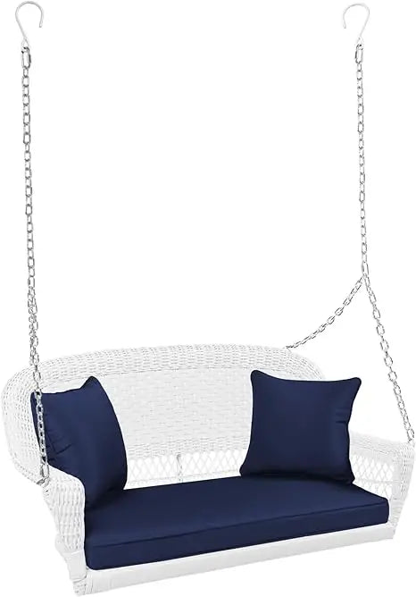 Wicker Porch Swing in White with Blue Cushion