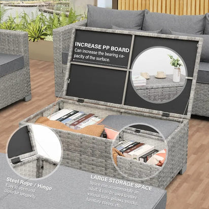 Patio Furniture Set Gray Rattan 7 Pieces Outdoor Sectional Sofa PE Wicker Conversation Chairs with Storage Table and Non-