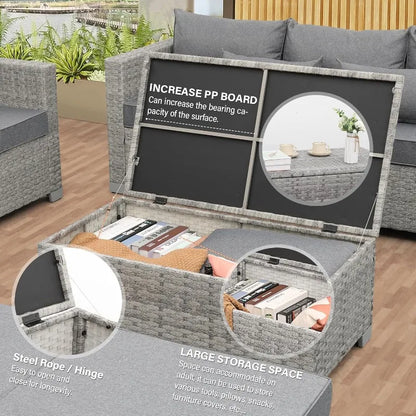 Patio Furniture Set Gray Rattan 7 Pieces Outdoor Sectional Sofa PE Wicker Conversation Chairs with Storage Table and Non-