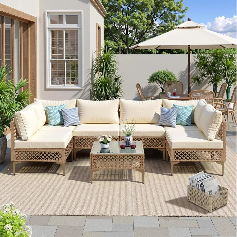 PatioLix 7 Piece Outdoor Wicker Patio Furniture Set, Rattan Sectional Sofa Couch, Patio Conversation Set with Cushion & Coffee Table