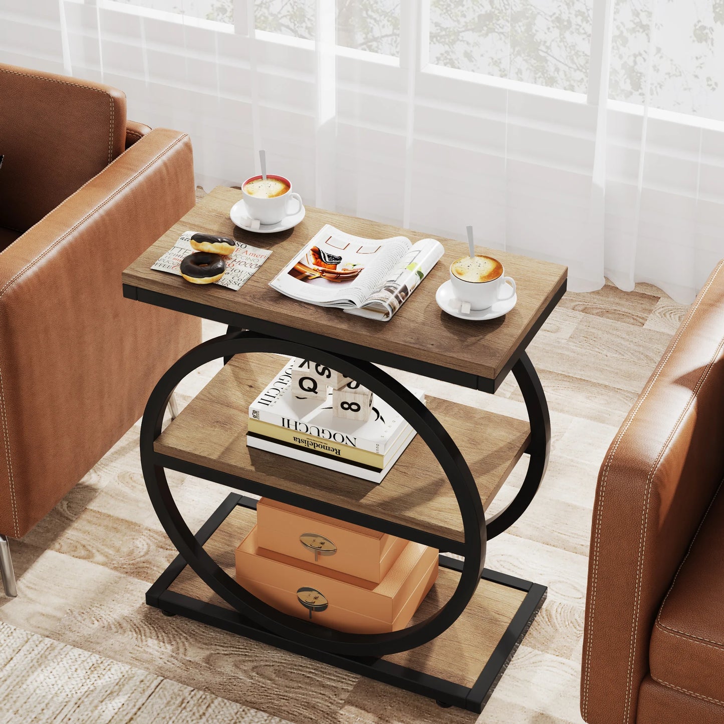 Tribesigns End Table, Narrow End Table with 3 Storage Shelves, Wood Side Table with Black Metal Frames, Industrial Sofa table