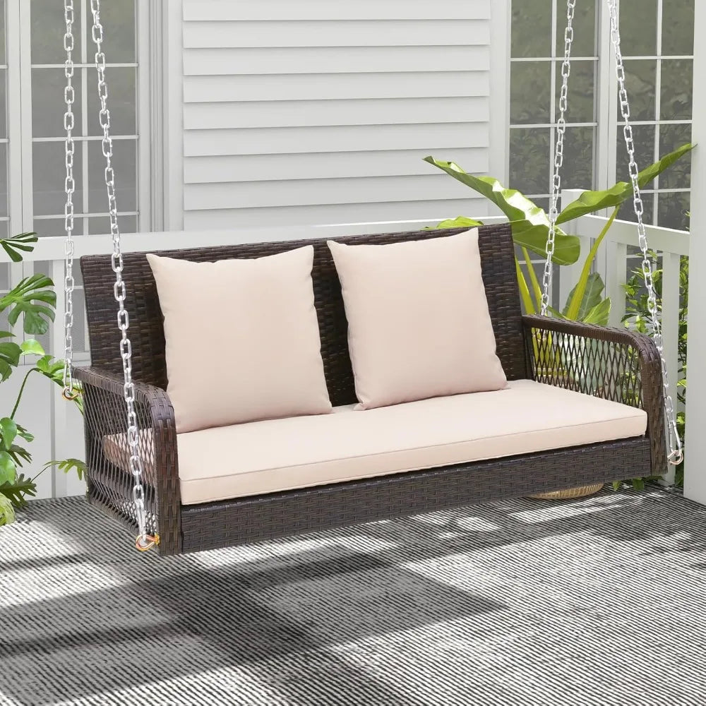 Outdoor Wicker Swing Bench with Cushions and Hanging Chains, 800 lbs Capacity, 2-Seater, Durable Porch Swing for Relaxation