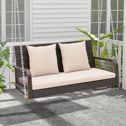 Outdoor Wicker Swing Bench with Cushions and Hanging Chains, 800 lbs Capacity, 2-Seater, Durable Porch Swing for Relaxation