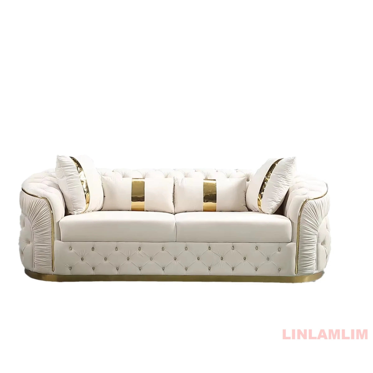 Luxury Chesterfield Sectional Sofa Set with Cloth Buttons and Fabric Modular Couch with Gold Stainless Steel Base, 3-seater Sofa