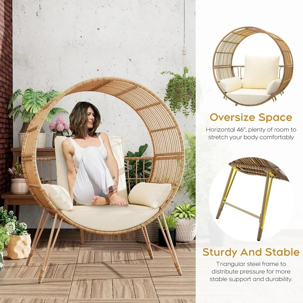 Outdoor Egg Chair, Oversized Wicker Patio Chairs with 6.69'' Cushions, 350LBS Capacity, Indoor Round Rattan Nest Chair with Sta