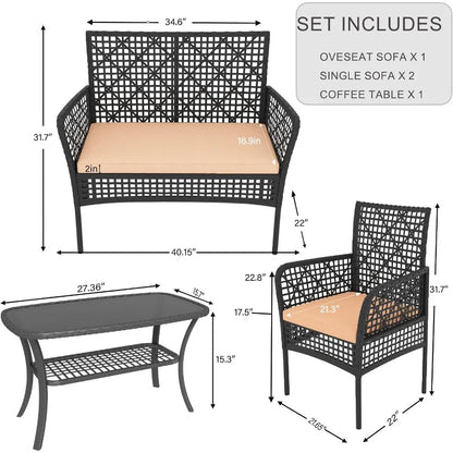 4 Pieces Outdoor Patio Furniture Set Featuring PE Rattan Wicker Garden Conversation Chairs with Tempered Glass Table and Soft C
