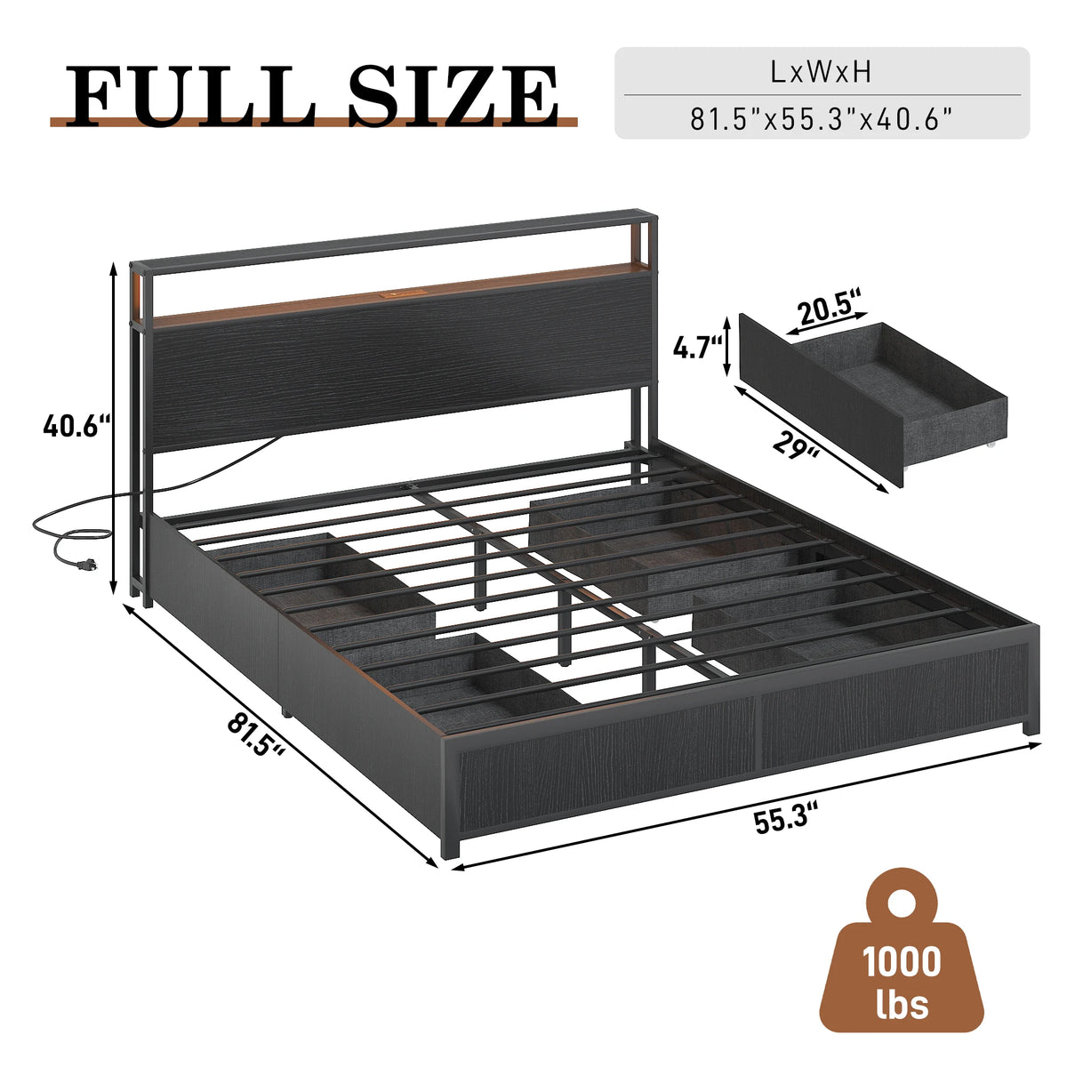 LED Bed Frame Full/QueenKing Size with 2 USB Ports and Outlets, Platform Metal Bed Frame with 4 Storage Drawers and Headboard