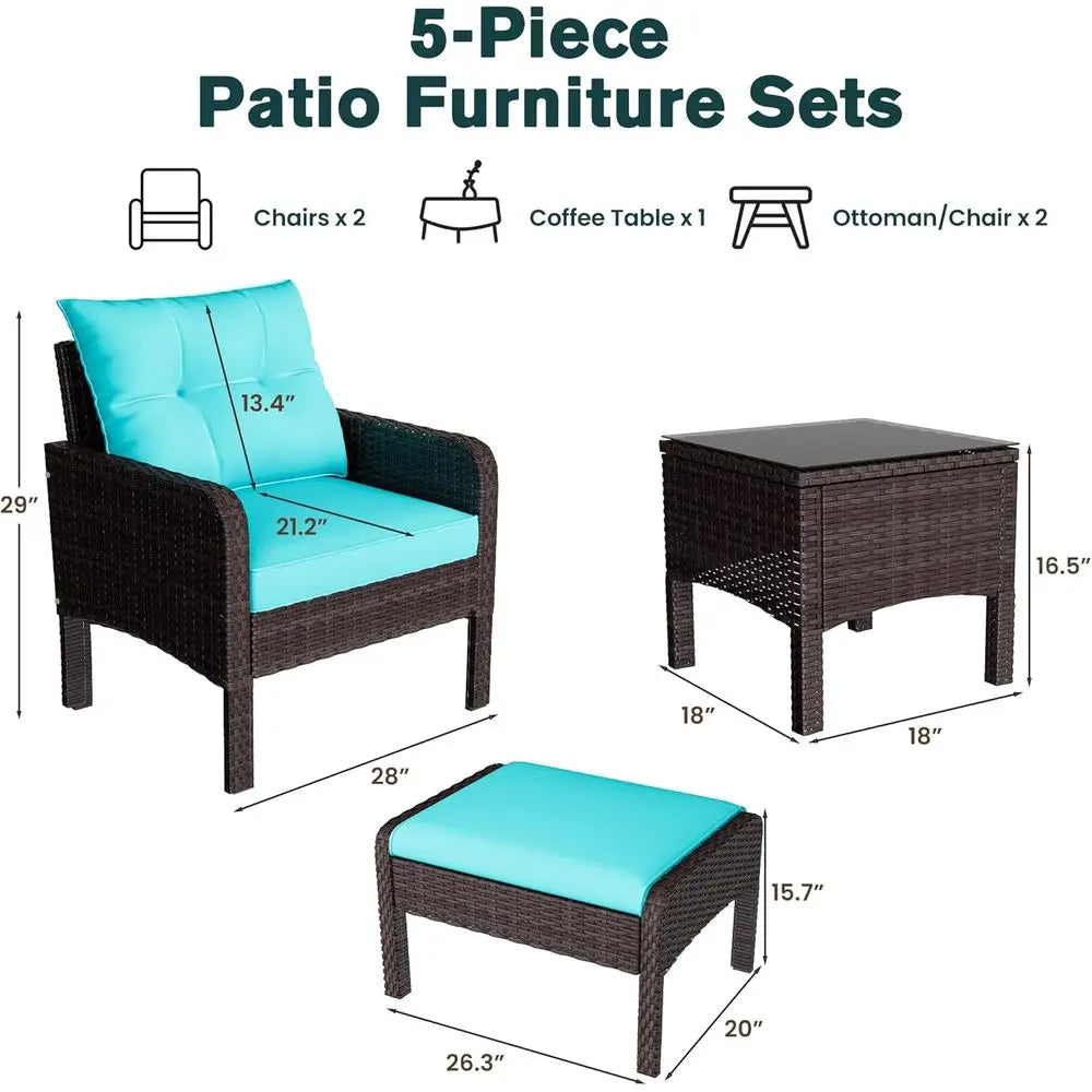 5-Piece Outdoor Patio Furniture Set with PE Rattan Chairs, Ottoman, and Table, Ideal for Porch, Garden, Backyard, Balcony, Brown