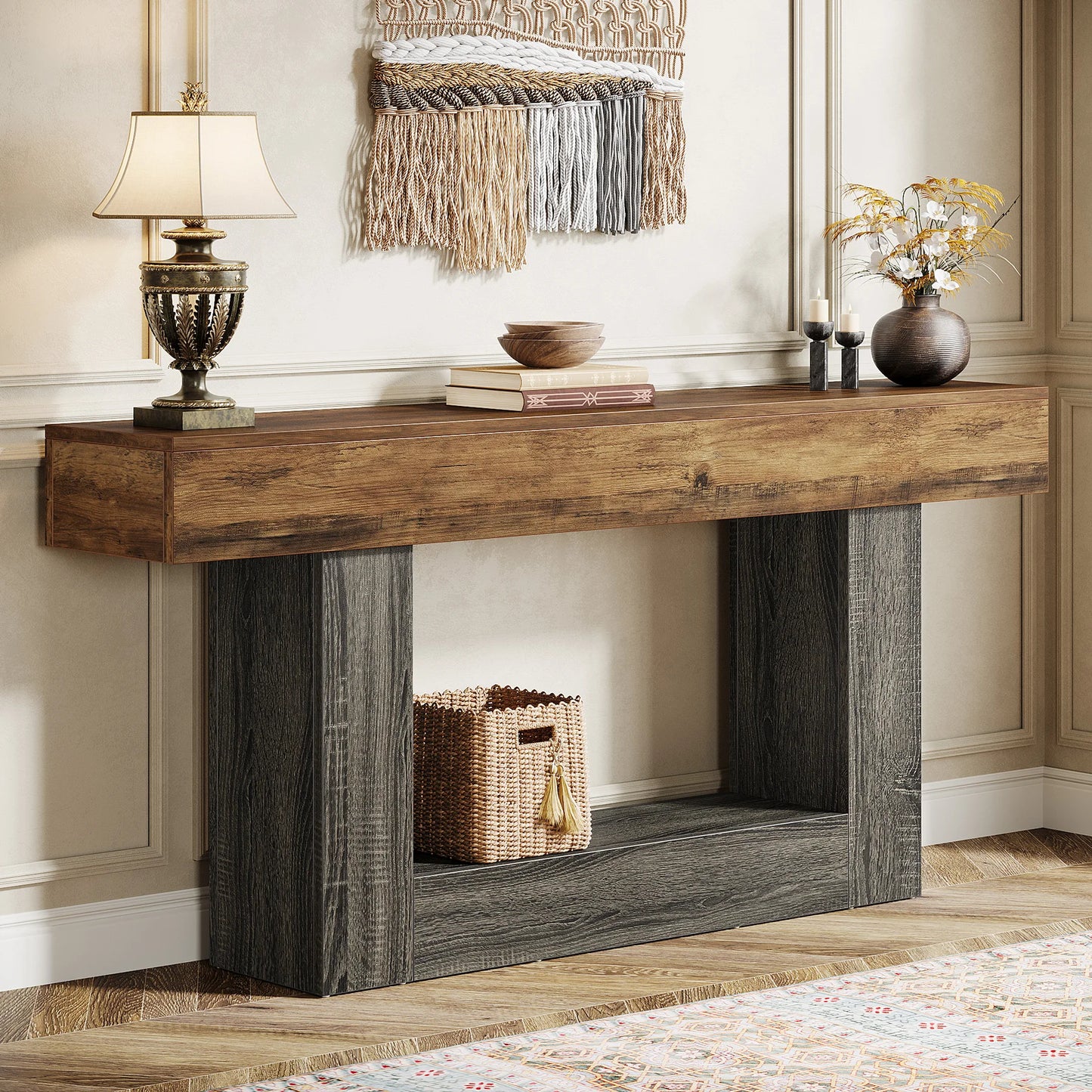 Rustic 2-Tier 63 Console Table with Storage for Entryway, Living Room, and Hallway in Brown & Gray