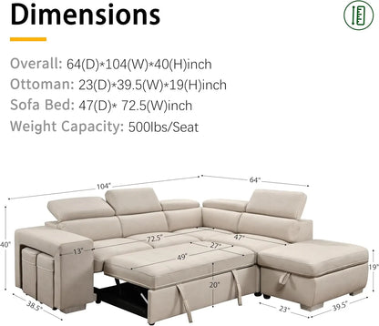 104'' Microfiber L Shaped Sectional Sleeper Sofa Couch with Pull Out Bed and Storage Ottoman, Convertible Couches