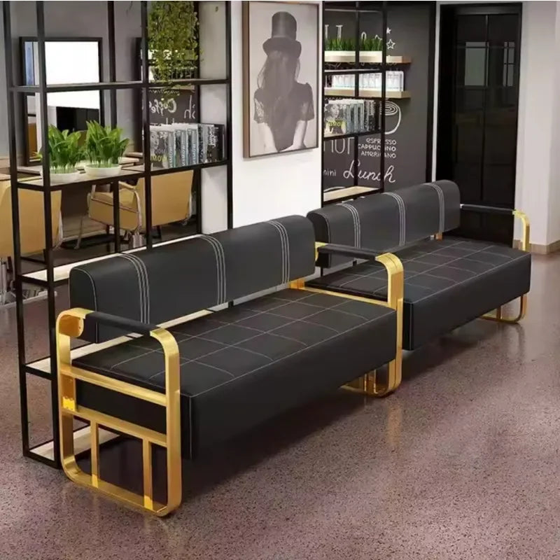 Stylish, comfortable and durable modern black leather upholstered frame beauty salon waiting bench