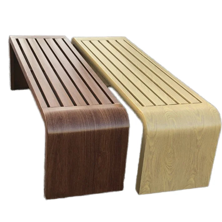 Banc carré en bois rayé et fer pour loisirs publics en plein air, jardin, cour, patio, salle de sport ou centre commercial, rangée de courses