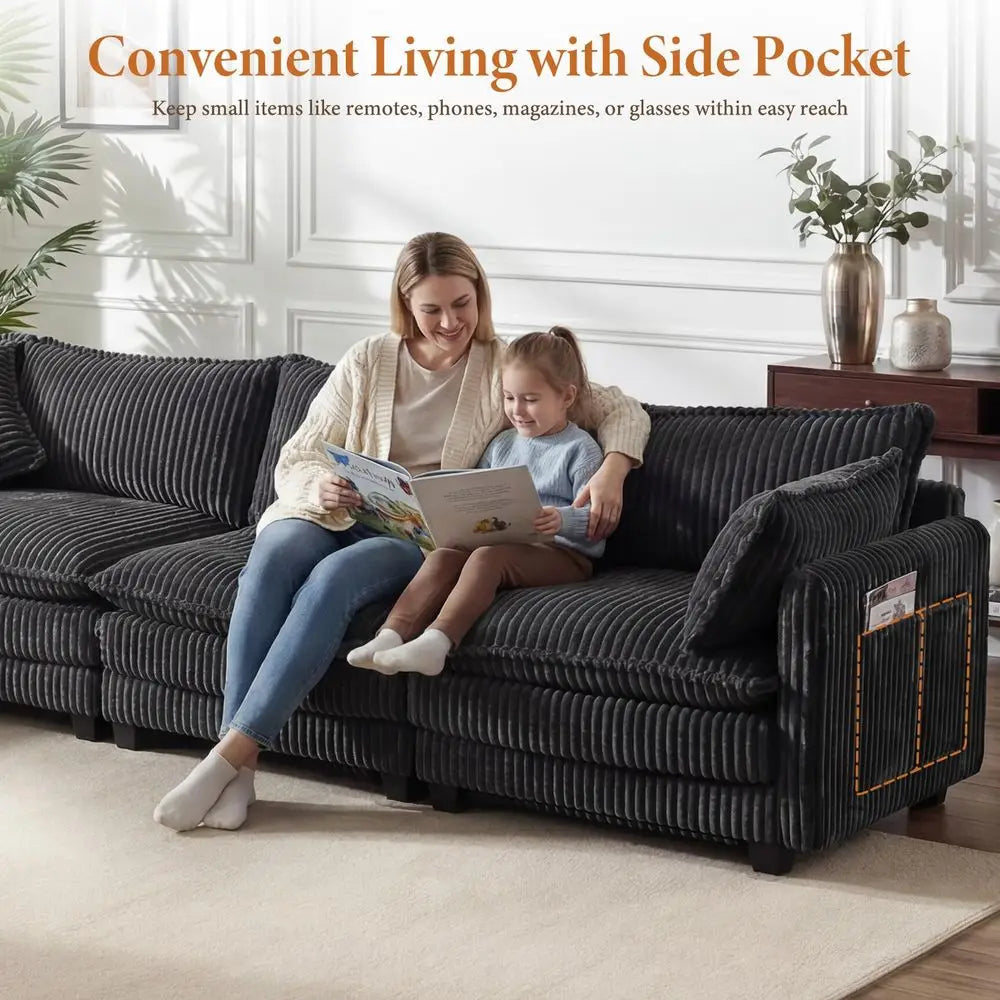 143 L Shaped Modular Sectional Couch, Comfy Corduroy Upholstered Cloud Couches for Living Room, Modern 3 Seater Sofa with Movab