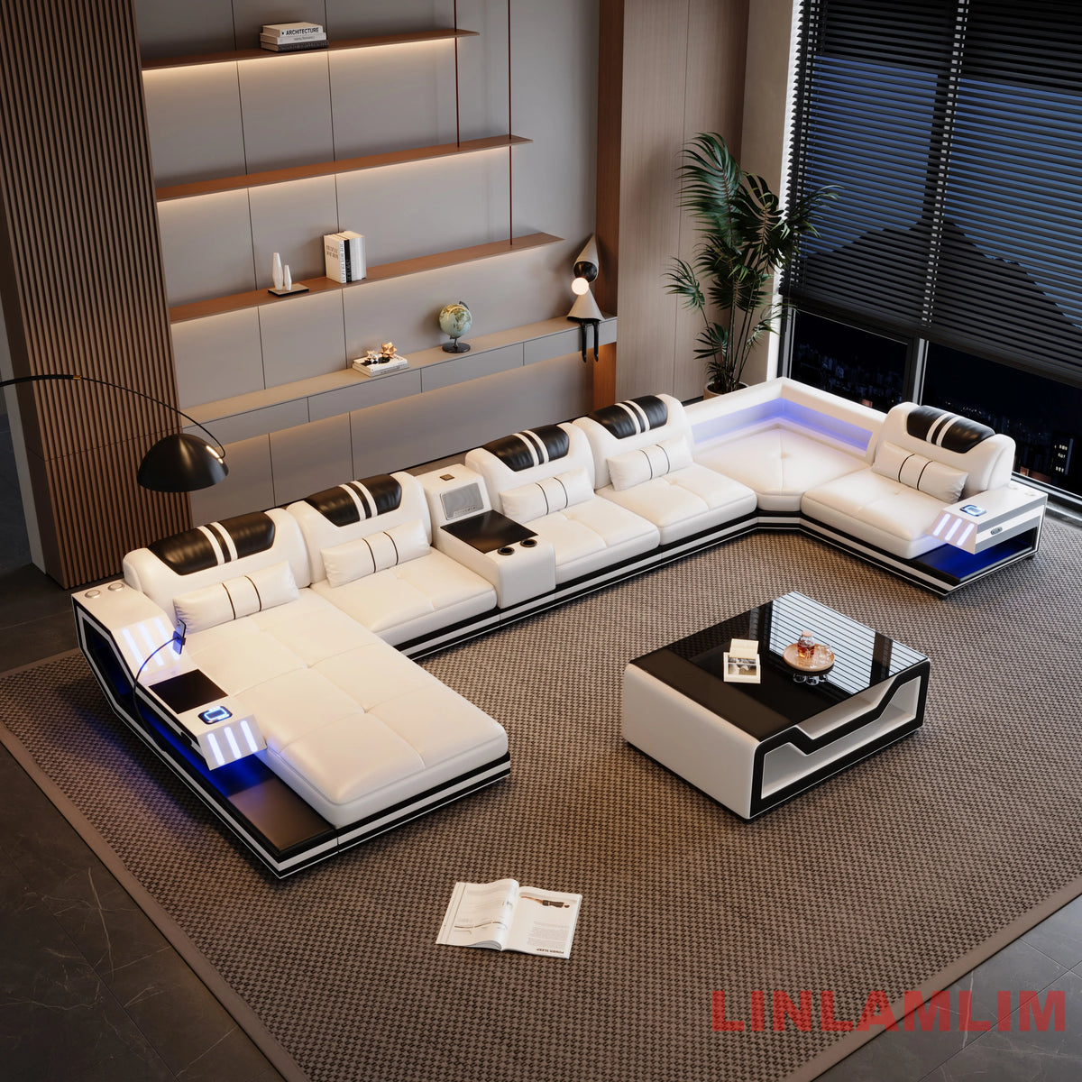 Convertible Genuine Leather Sectional Sofa Bed with Adjustable Headrests, Electric Recliners, Storage, Speakers, USB & LED Light