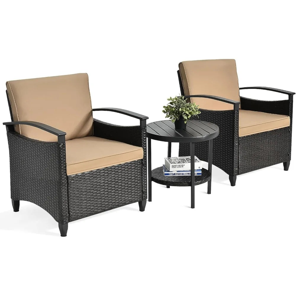 3 Pieces Rattan Wicker Patio Conversation Set with Coffee Table, Cushions, Sturdy Steel Frame, Outdoor Furniture Set