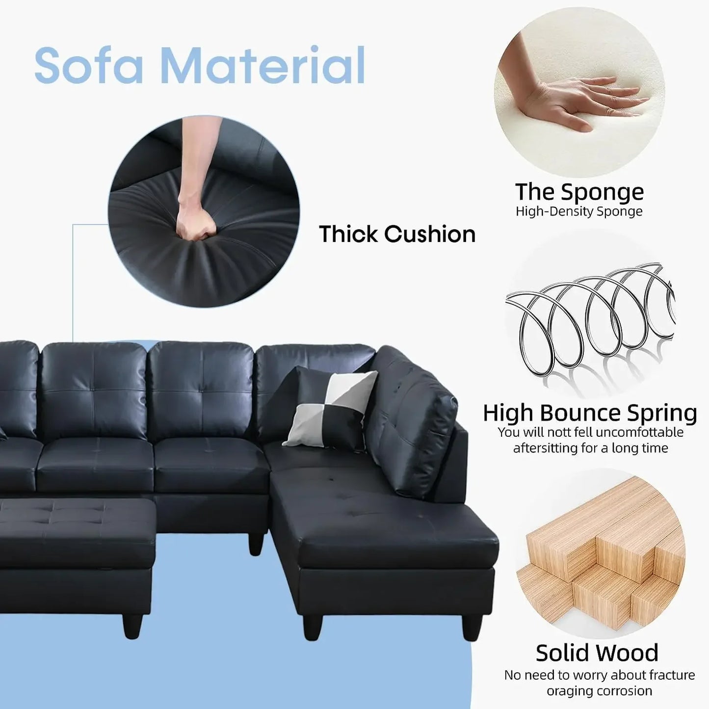 Sectional Couch for Living Room Furniture Sets,Black Leather Sectional Sofa L Shape Couch