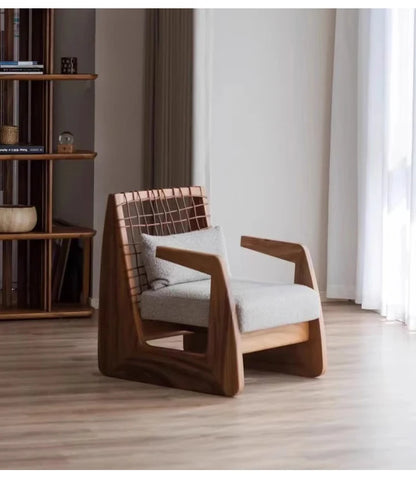Medieval Style Solid Wood Rope Leisure Chair Retro Single Sofa Chair Wabi-sabi High-end Home Cafe Rattan Single Chair
