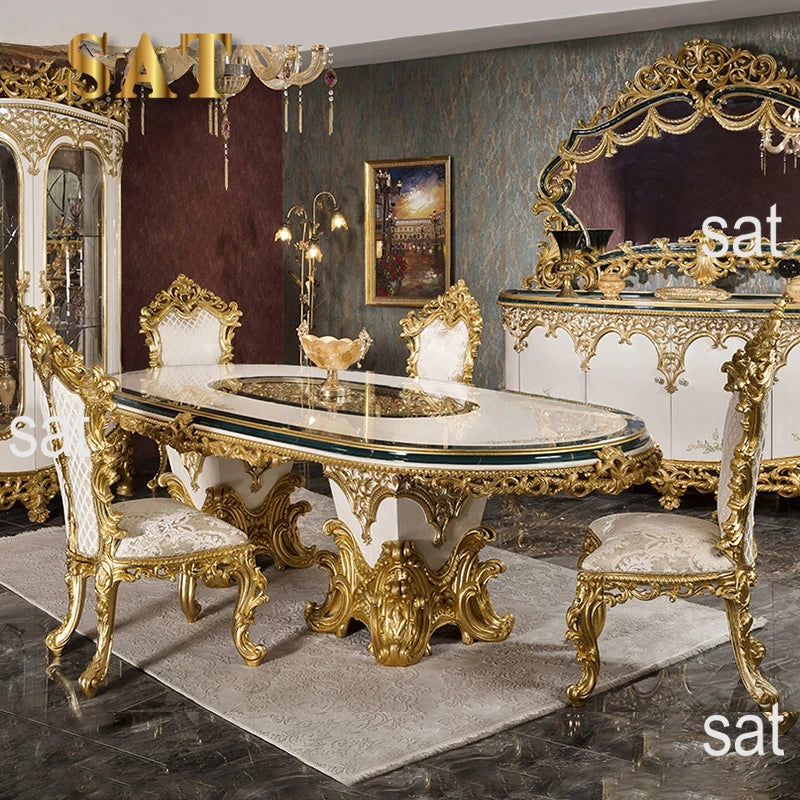 Upscale Royal Luxury Restaurant Furniture Set Custom Classical Wooden Gold Leaf Dining Table
