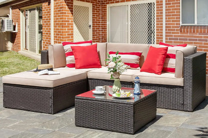 5-Piece Patio Set: All-Weather Brown PE Wicker Sectional Couch - Outdoor Conversation Group for Garden & Patio
