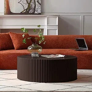 Round Coffee Table, Modern Black Side Table End Table for Living Room, Wood Circle Drum Coffee Table with Handcrafted Relief, Co