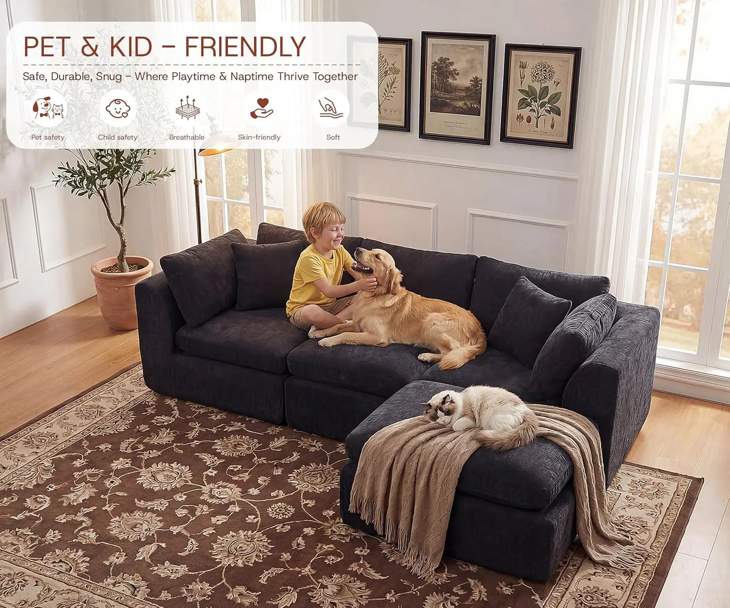 110''Oversized Modular Sectional Sofa Chenille Deep Seat Memory Foam L Shape Ottoman 2 Pillows Washable Cover Living Room Custom
