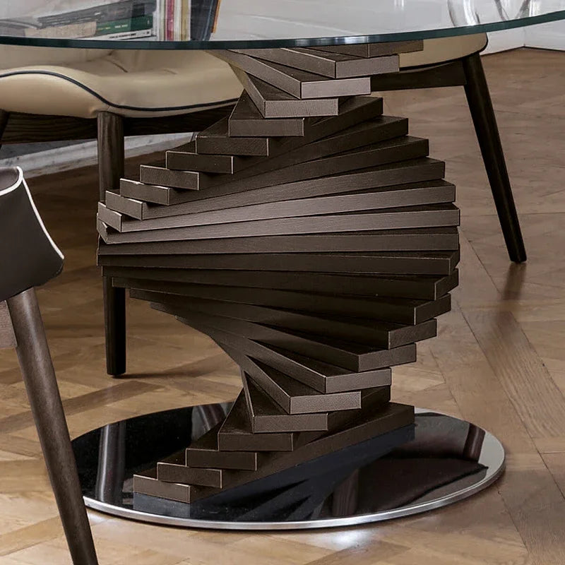 cc182l Italian minimalist curved design tempered glass round table solid wood special-shaped creative rotating ladder dining tab