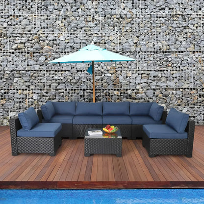 7 Piece Outdoor PE Wicker Furniture Set, Patio Gray Rattan Sectional Sofa Couch with Washable Dark Blue Cushions