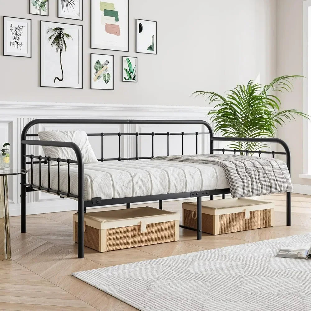 Metal Daybed Frame Twin Size with Steel Slats Platform Furniture Black