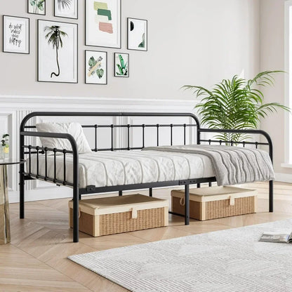 Metal Daybed Frame Twin Size with Steel Slats Platform Furniture Black