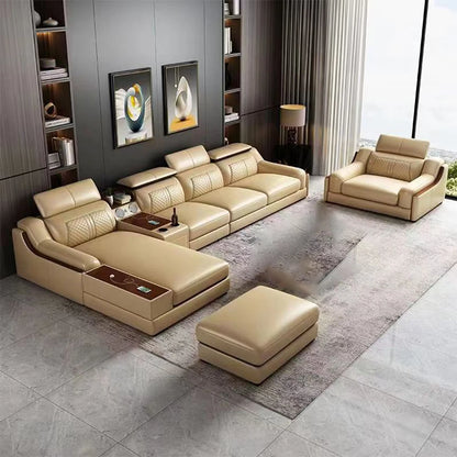 Modern Italian Genuine Leather Sofa for Living Room with Cup Holder, USB, Adjustable Headrests & Bluetooth Speaker - Linlamlim