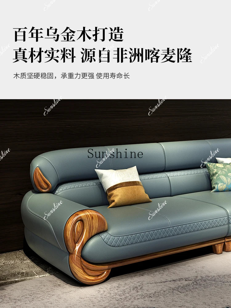 Ebony leather sofa new Chinese modern light luxury high-end small apartment straight row  FT