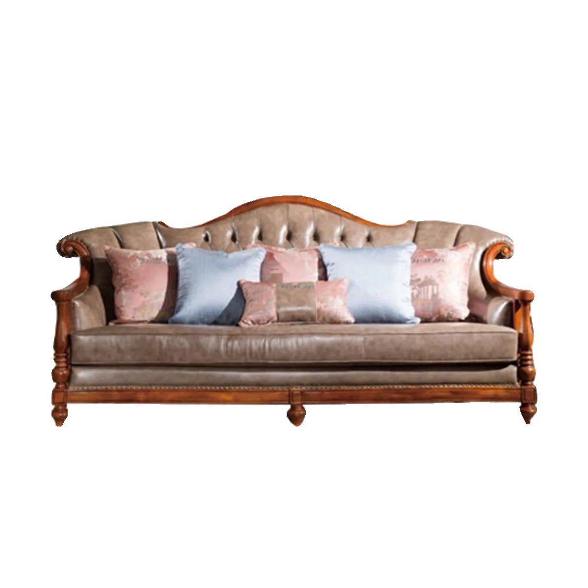 QQ132 American Style Genuine Leather Art Solid Wood Sofa Country  Light Luxury Retro European Style Combination Carved Solid Woo