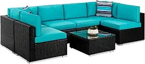 Seven Piece Modular Set, Outdoor Sectional Wicker Patio, Conversation With Two Pillows, Coffee Table Cover Included