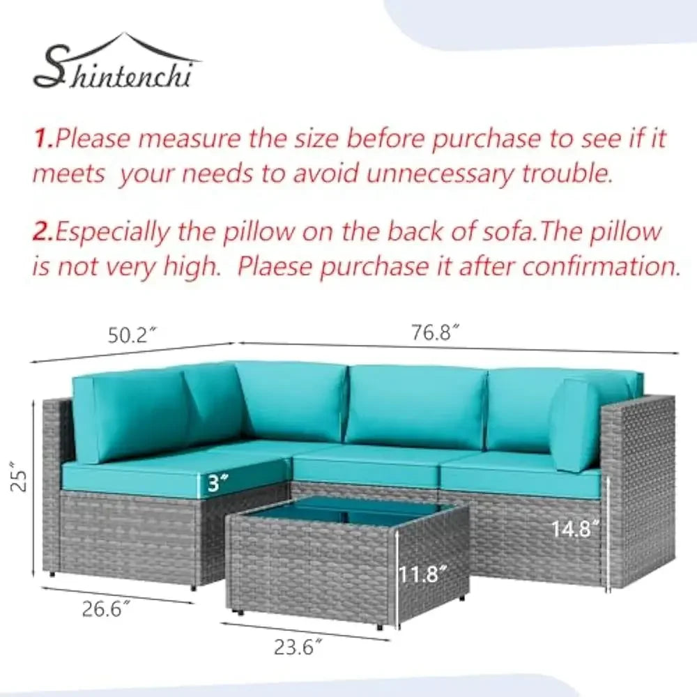 5 Pieces Outdoor Patio Sectional Sofa Couch, PE Wicker Furniture Conversation Sets with Washable Cushions & Glass Coffee Table