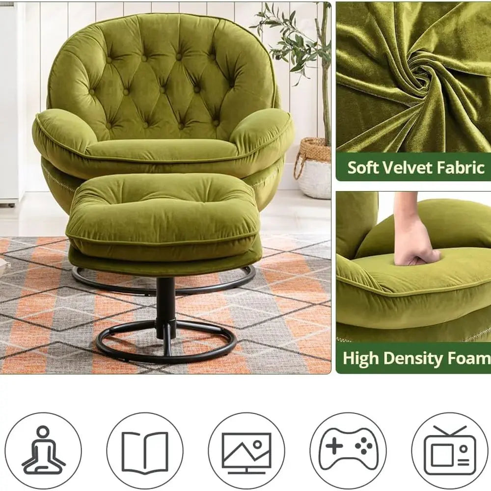 Velvet Swivel Accent Chair with Ottoman Set, Modern Lounge Chair with Metal Base Frame & Footrest, Comfy Single Leisure Sofa Cha