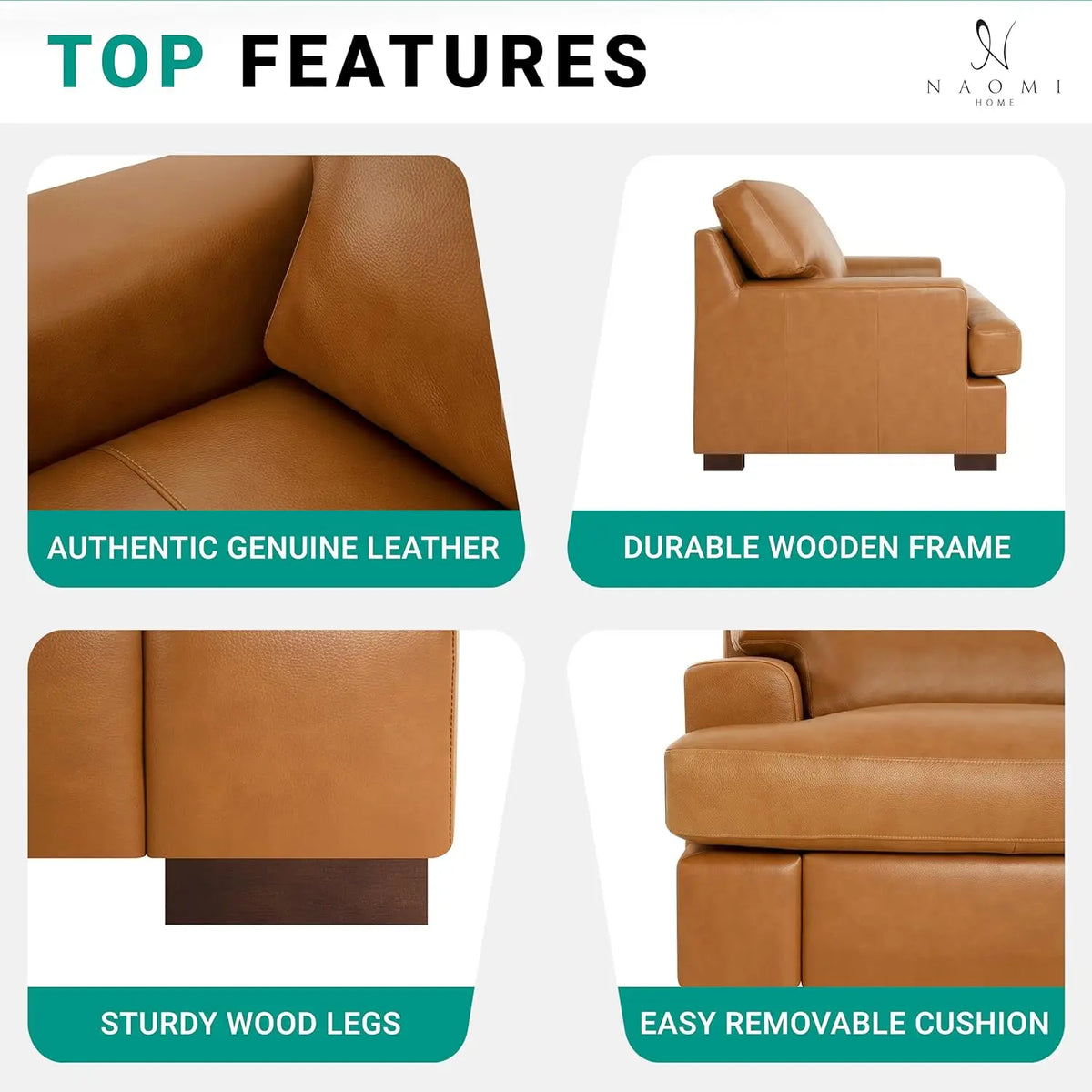 Siggy Genuine Leather Sofa - Set of 3 Luxurious Comfort, Goose Feather Cushion Filling, Square Arm Design, Sturdy Block Legs