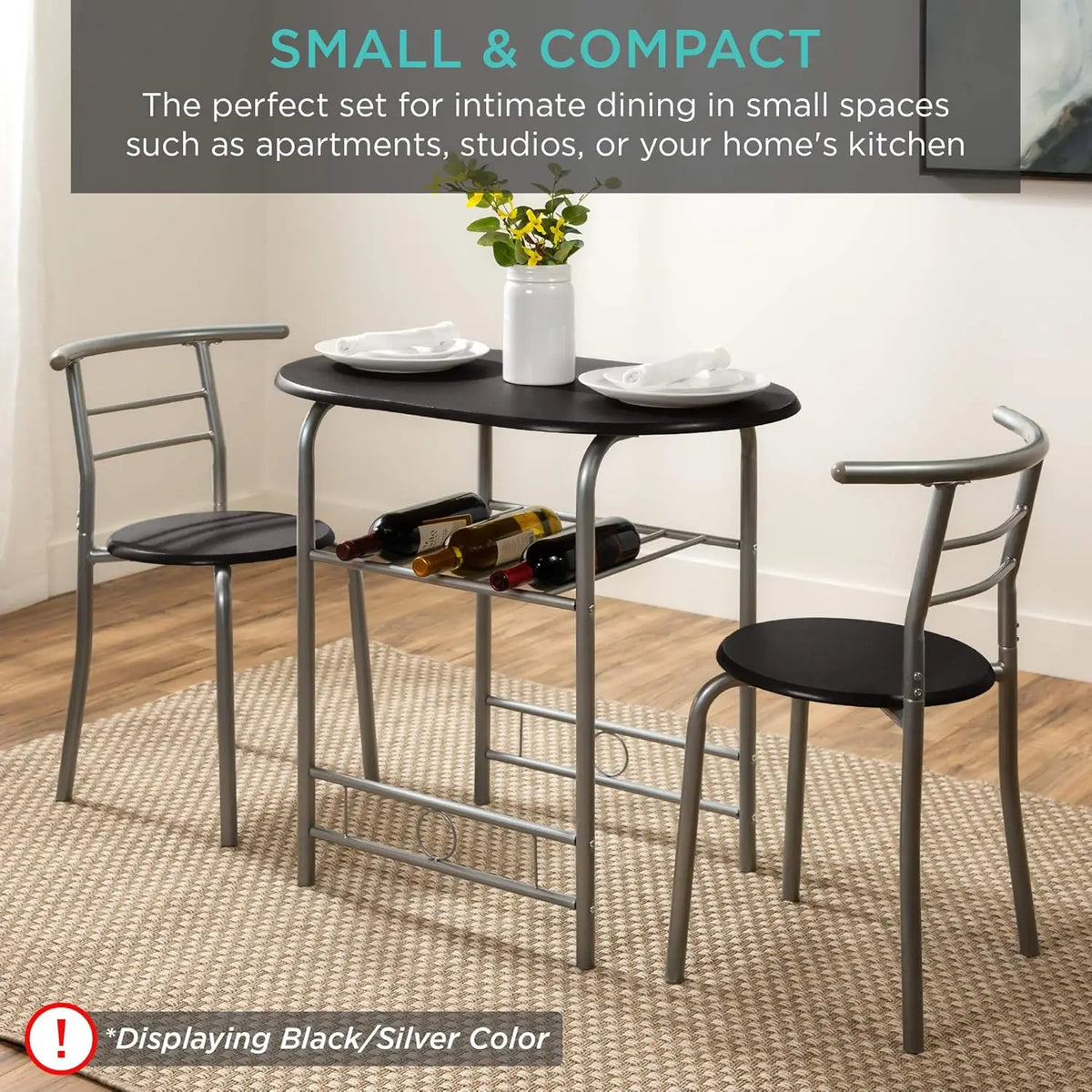 NICE 3-Piece Wooden Round Table & Chair Set for Kitchen, Dining Room, Compact Space w/Steel Frame, Built-in Wine Rack - Black