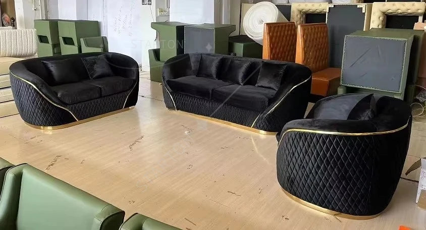 High Quality Luxury 2-3 Seater Stainless Steel Lounge Sofa Velvet Upholster Couch for Home & Hotel Home Furniture Set