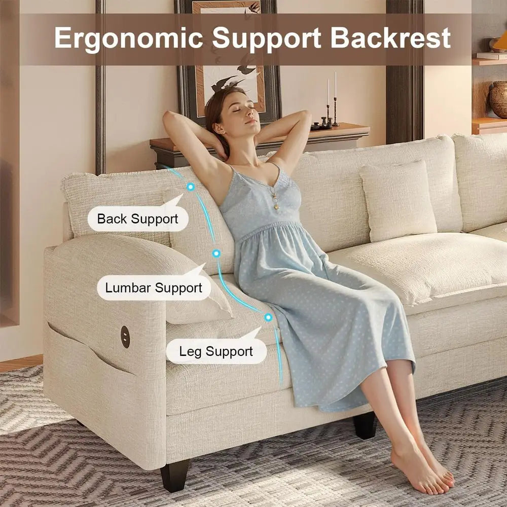 108 L-Shaped Chenille Sofa with Ottoman, Charging Station, Pockets & Pillows for Modern Living Rooms