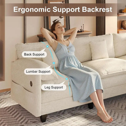 108 L-Shaped Chenille Sofa with Ottoman, Charging Station, Pockets & Pillows for Modern Living Rooms