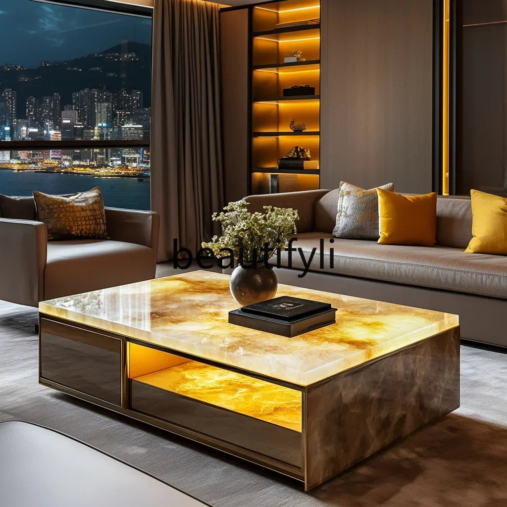 11Customized square modern luminous jade coffee table living room design large flat luxury stone villa marble home