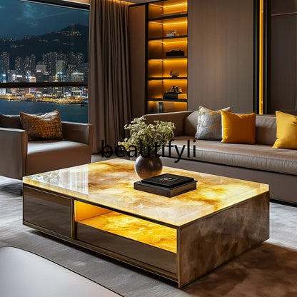 11Customized square modern luminous jade coffee table living room design large flat luxury stone villa marble home