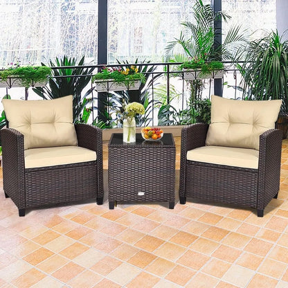 3 Pieces Patio Conversation Set, Outdoor Furniture Set PE Rattan Sofa Set With Removable Cushions, PE Wicker Chairs W