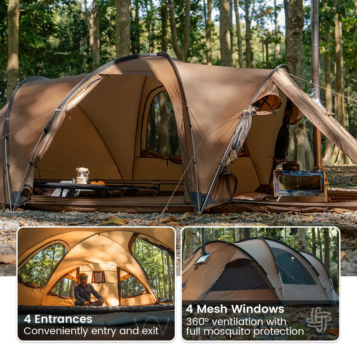 OneTigris Orbitis Tunnel Tent with Stove Jack 4 Person Lightweight Camping Hot Tent with Mesh Vent for Glamping Bushcraft Travel