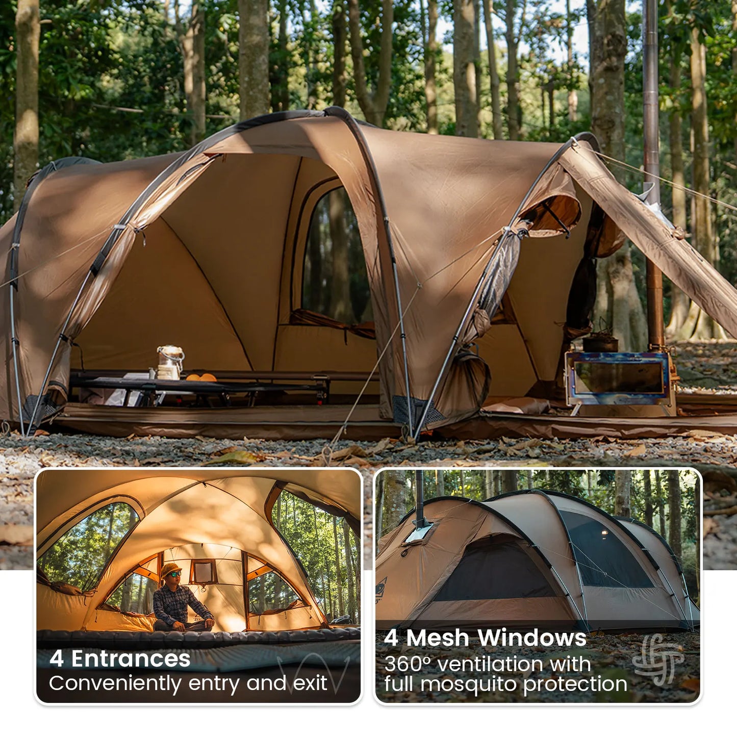 OneTigris Orbitis Tunnel Tent with Stove Jack 4 Person Lightweight Camping Hot Tent with Mesh Vent for Glamping Bushcraft Travel