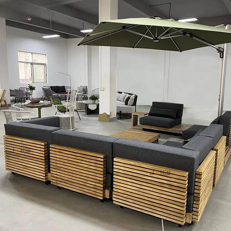 High Quality Solid Wood Teak Outdoor Patio Garden Sofas L-Shape Sectional Sofa Cushions for Villa Park Poolside Restaurant Use